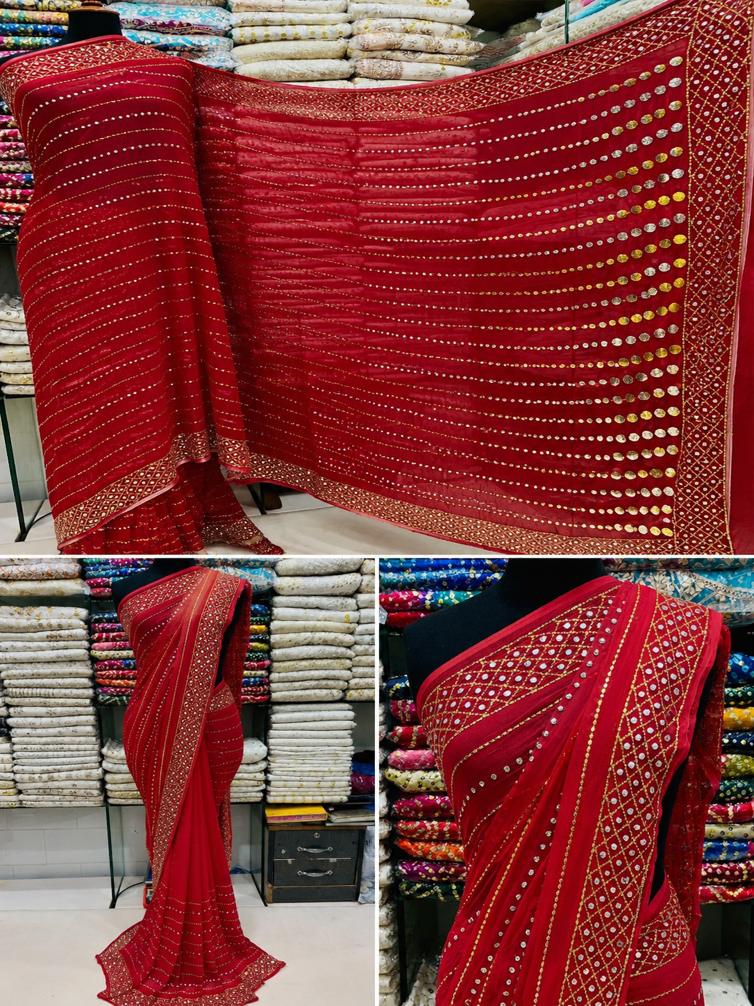 Ruby Radiance Mukesh Work Chiffon Saree with Stitched Blouse