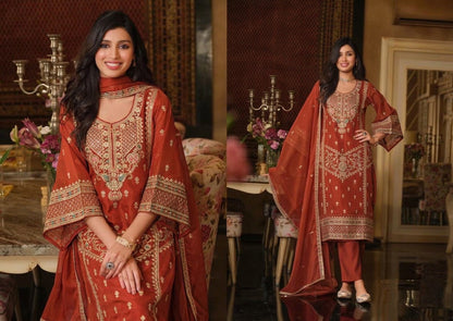 Rust Orange Embroidered Organza Pakistani Palazzo Suit