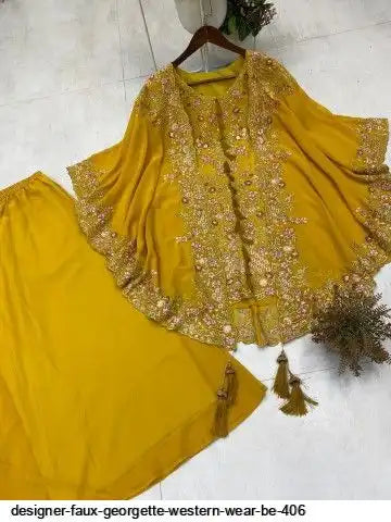 Designer Faux Georgette Kurta Palazzo Set with Embroidered Shrug – Luxury Indo Western Party Wear