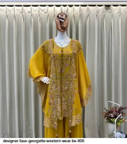 Designer Faux Georgette Kurta Palazzo Set with Embroidered Shrug – Luxury Indo Western Party Wear