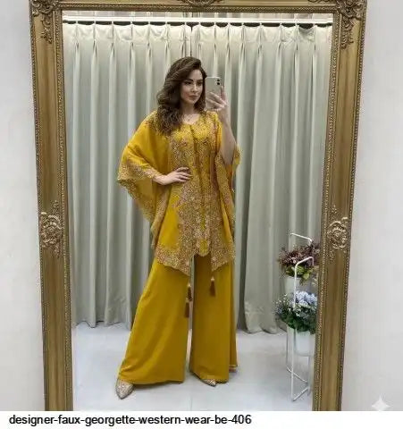 Designer Faux Georgette Kurta Palazzo Set with Embroidered Shrug – Luxury Indo Western Party Wear