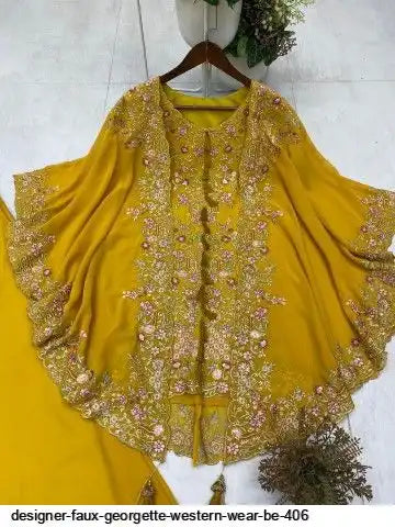 Designer Faux Georgette Kurta Palazzo Set with Embroidered Shrug – Luxury Indo Western Party Wear