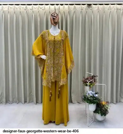 Designer Faux Georgette Kurta Palazzo Set with Embroidered Shrug – Luxury Indo Western Party Wear