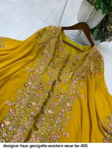 Designer Faux Georgette Kurta Palazzo Set with Embroidered Shrug – Luxury Indo Western Party Wear