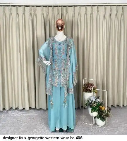 Designer Faux Georgette Kurta Palazzo Set with Embroidered Shrug – Luxury Indo Western Party Wear