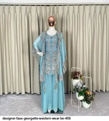 Designer Faux Georgette Kurta Palazzo Set with Embroidered Shrug – Luxury Indo Western Party Wear