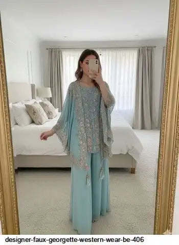 Designer Faux Georgette Kurta Palazzo Set with Embroidered Shrug – Luxury Indo Western Party Wear
