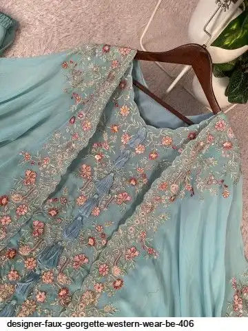 Designer Faux Georgette Kurta Palazzo Set with Embroidered Shrug – Luxury Indo Western Party Wear