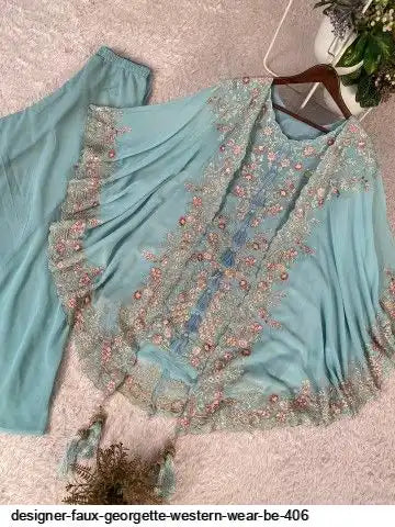 Designer Faux Georgette Kurta Palazzo Set with Embroidered Shrug – Luxury Indo Western Party Wear