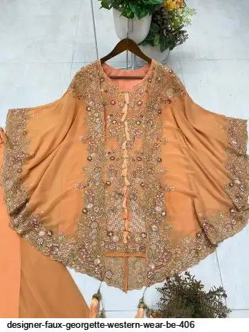 Designer Faux Georgette Kurta Palazzo Set with Embroidered Shrug – Luxury Indo Western Party Wear