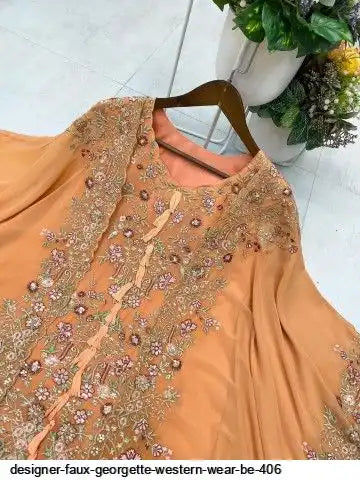 Designer Faux Georgette Kurta Palazzo Set with Embroidered Shrug – Luxury Indo Western Party Wear