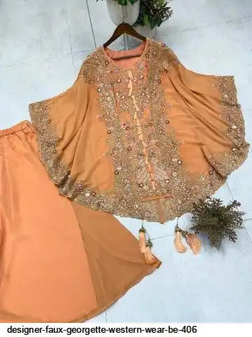 Designer Faux Georgette Kurta Palazzo Set with Embroidered Shrug – Luxury Indo Western Party Wear