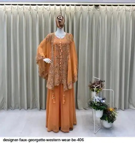 Designer Faux Georgette Kurta Palazzo Set with Embroidered Shrug – Luxury Indo Western Party Wear