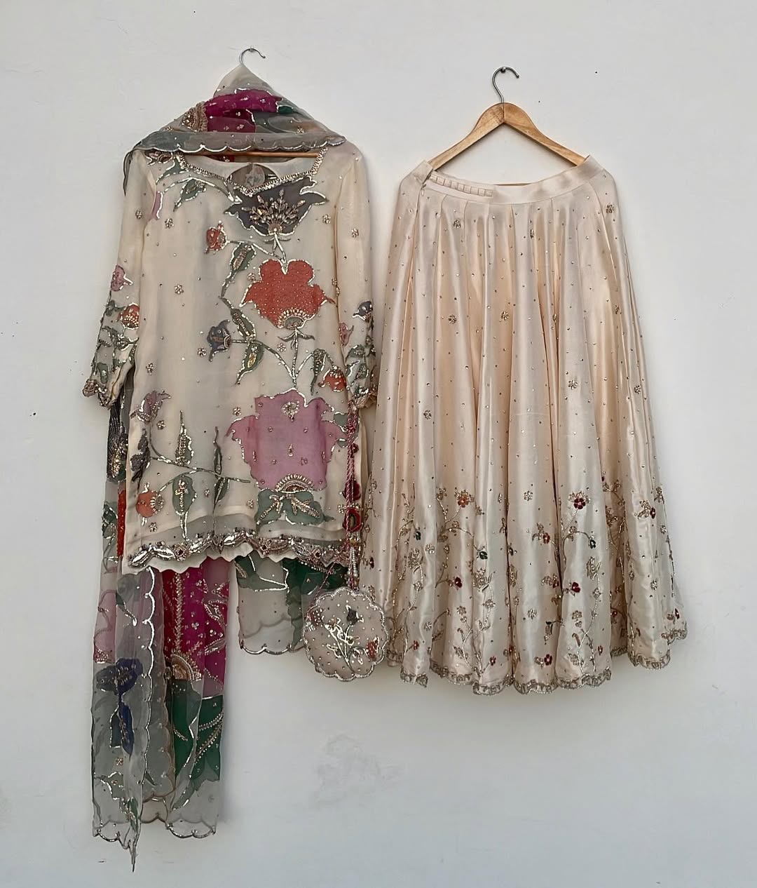 Ivory Bloom Hand-Painted Raw Silk Gharara Set with Tissue Silk Dupatta