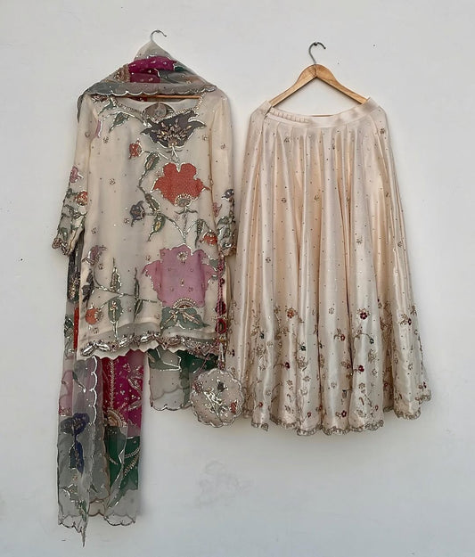 Ivory Bloom Hand-Painted Raw Silk Gharara Set with Tissue Silk Dupatta