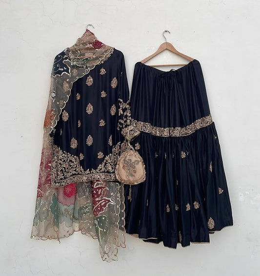 Midnight Royale Hand-Painted Raw Silk Gharara Set