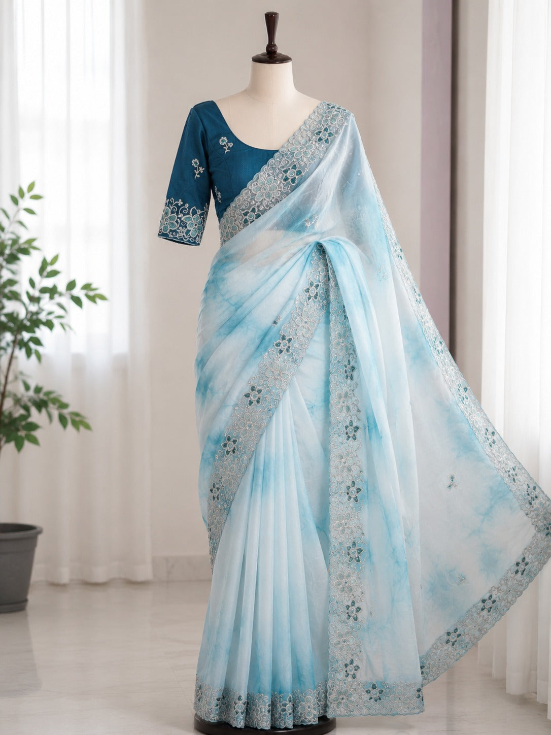 Aarohi Gold Crush Embroidered Saree Set-Blue