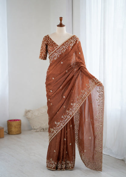 Meher Rust Fendy Chiffon Embroidered Saree Set
