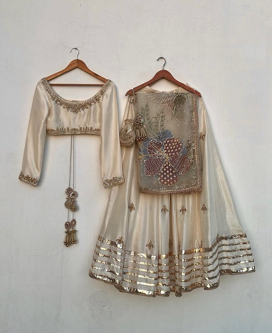Pearl Majesty Hand-Painted Raw Silk Lehenga Set