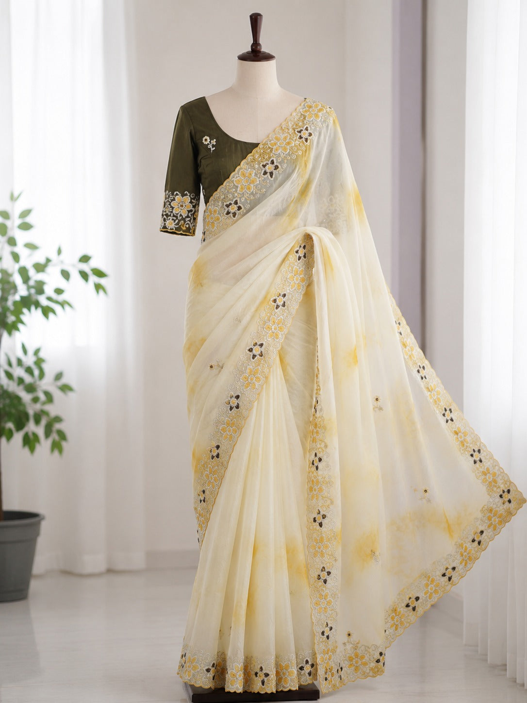 Aarohi Gold Crush Embroidered Saree Set-Yellow