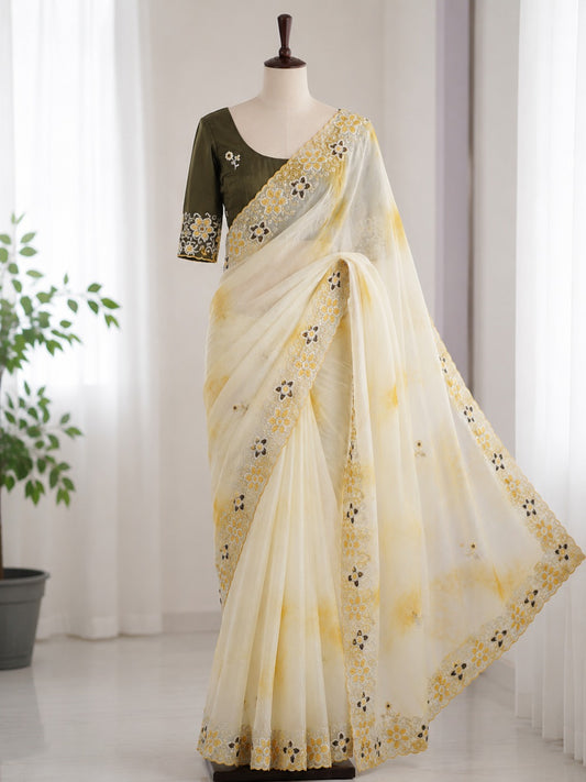 Aarohi Gold Crush Embroidered Saree Set-Yellow