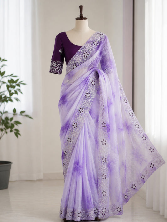 Aarohi Gold Crush Embroidered Saree Set-Purple