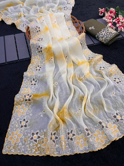 Aarohi Gold Crush Embroidered Saree Set-Yellow