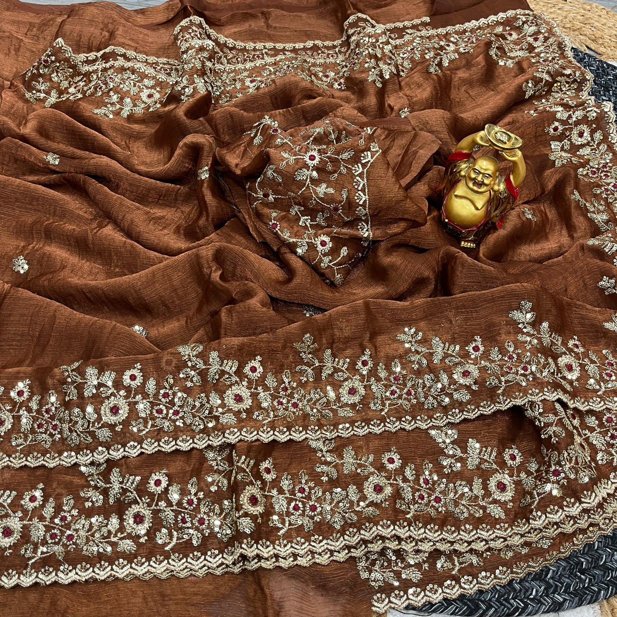 Meher Rust Fendy Chiffon Embroidered Saree Set