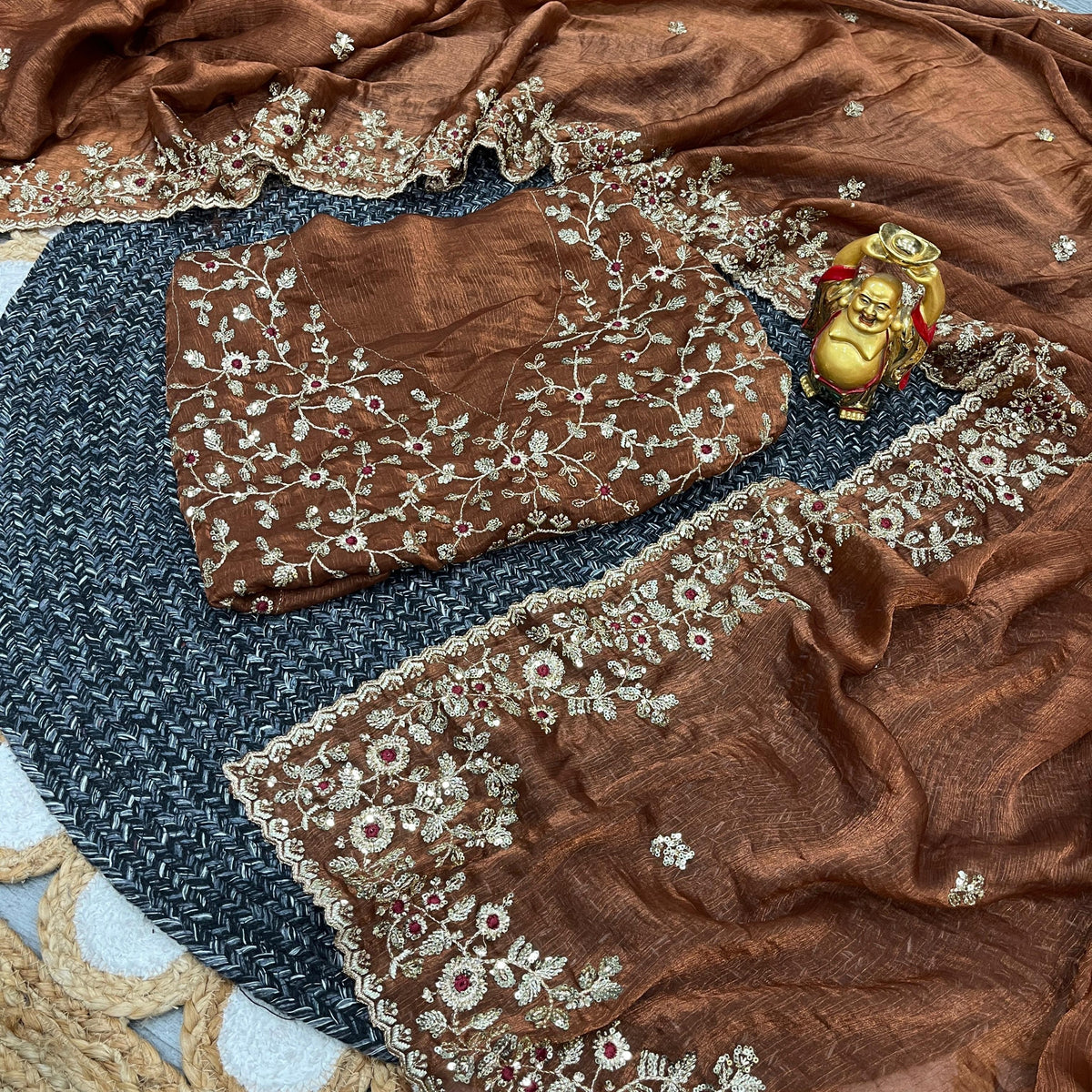 Meher Rust Fendy Chiffon Embroidered Saree Set