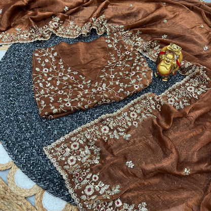 Meher Rust Fendy Chiffon Embroidered Saree Set