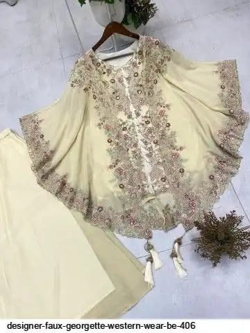 Designer Faux Georgette Kurta Palazzo Set with Embroidered Shrug – Luxury Indo Western Party Wear
