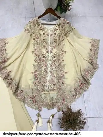 Designer Faux Georgette Kurta Palazzo Set with Embroidered Shrug – Luxury Indo Western Party Wear