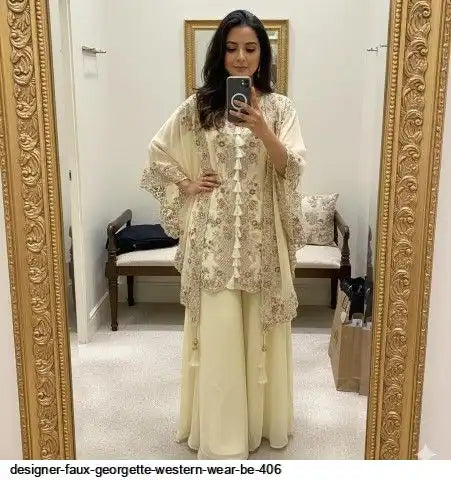 Designer Faux Georgette Kurta Palazzo Set with Embroidered Shrug – Luxury Indo Western Party Wear