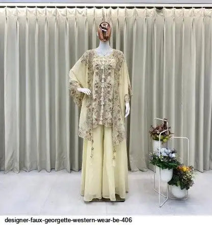 Designer Faux Georgette Kurta Palazzo Set with Embroidered Shrug – Luxury Indo Western Party Wear