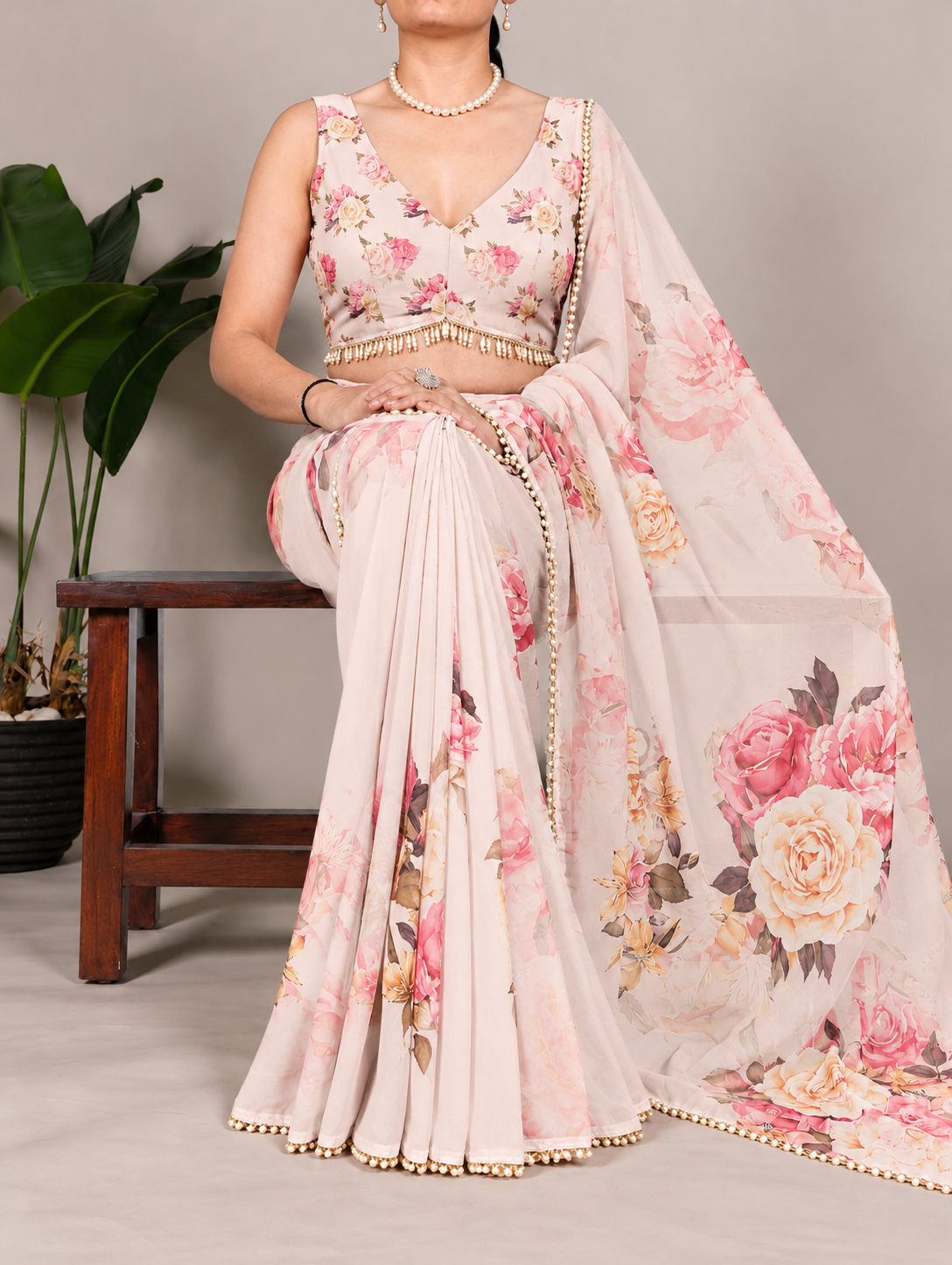 Ivory White Floral Georgette Saree with Stitched Blouse
