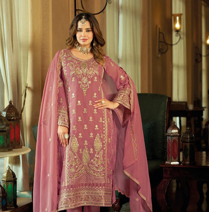 Dusty Rose Pink Organza Embroidered Pakistani Suit Set
