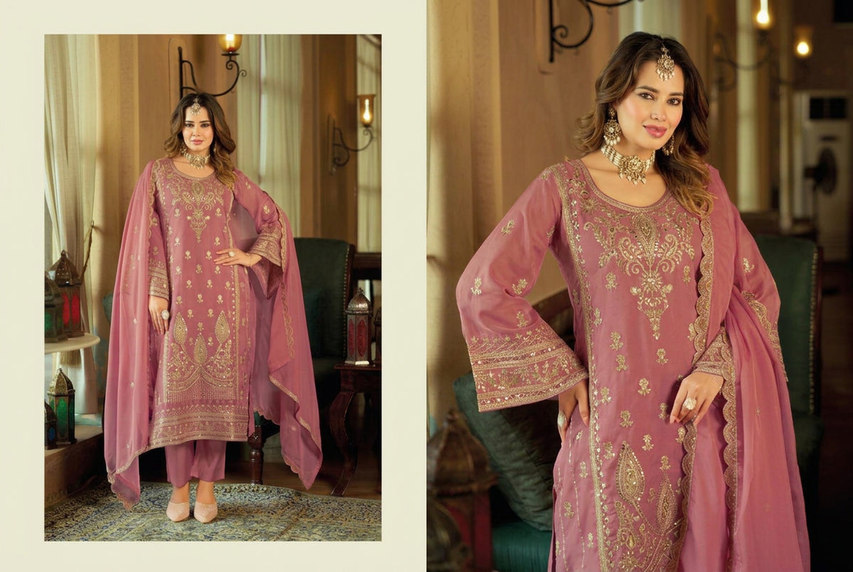 Dusty Rose Pink Organza Embroidered Pakistani Suit Set