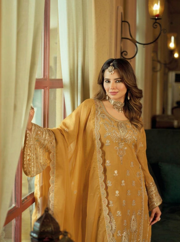 Mustard Gold Organza Embroidered Pakistani Suit Set