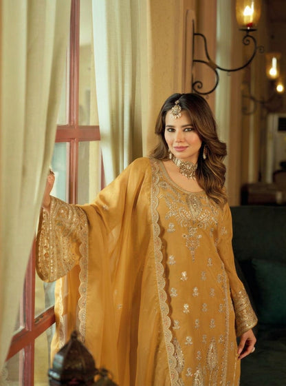 Mustard Gold Organza Embroidered Pakistani Suit Set