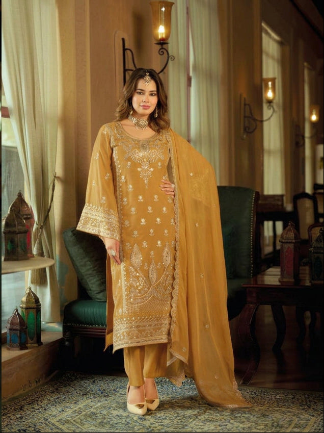 Mustard Gold Organza Embroidered Pakistani Suit Set