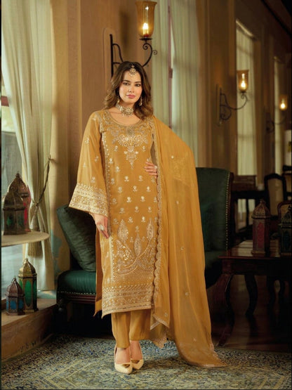 Mustard Gold Organza Embroidered Pakistani Suit Set