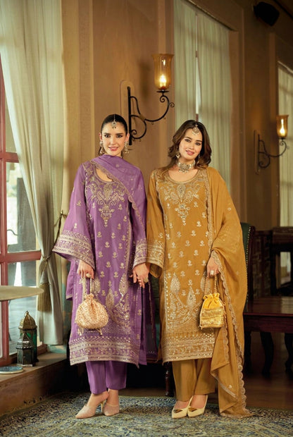 Mustard Gold Organza Embroidered Pakistani Suit Set