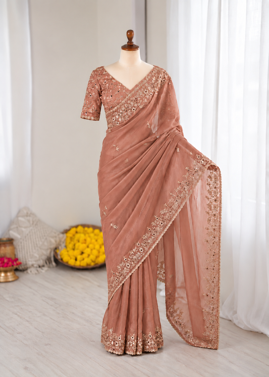 Meher Peach Fendy Chiffon Embroidered Saree Set