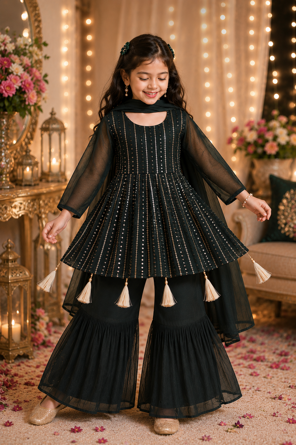 Luxury Girls' Faux Georgette Sharara Set with Mirror Embellishments – The Himalayan Boutique Australia