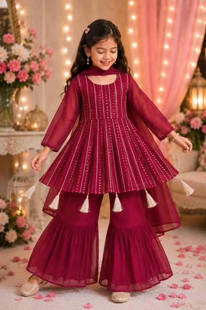 Luxury Girls' Faux Georgette Sharara Set with Mirror Embellishments – The Himalayan Boutique Australia