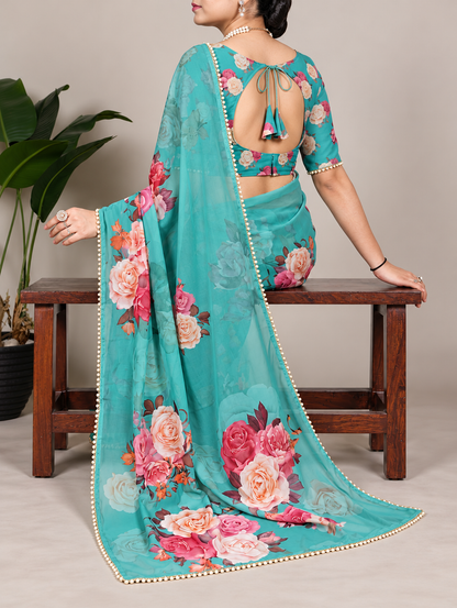 Turquoise Green Floral Georgette Saree with Stitched Blouse