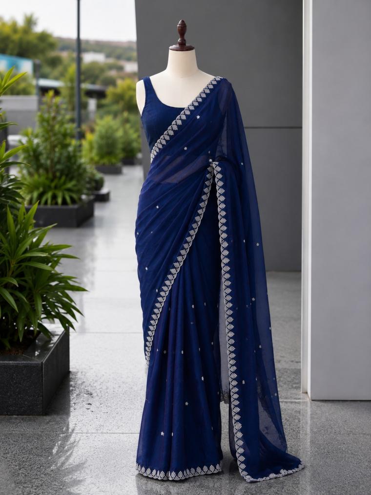 Navya Navy Fandy Satin Sequence Work Saree Set