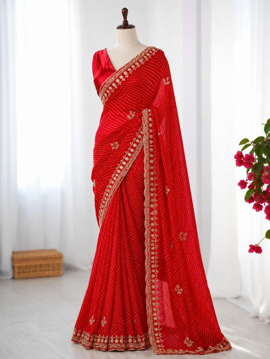 Red Bandhani Georgette Saree with Bead Work