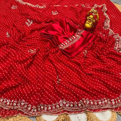 Red Bandhani Georgette Saree with Bead Work