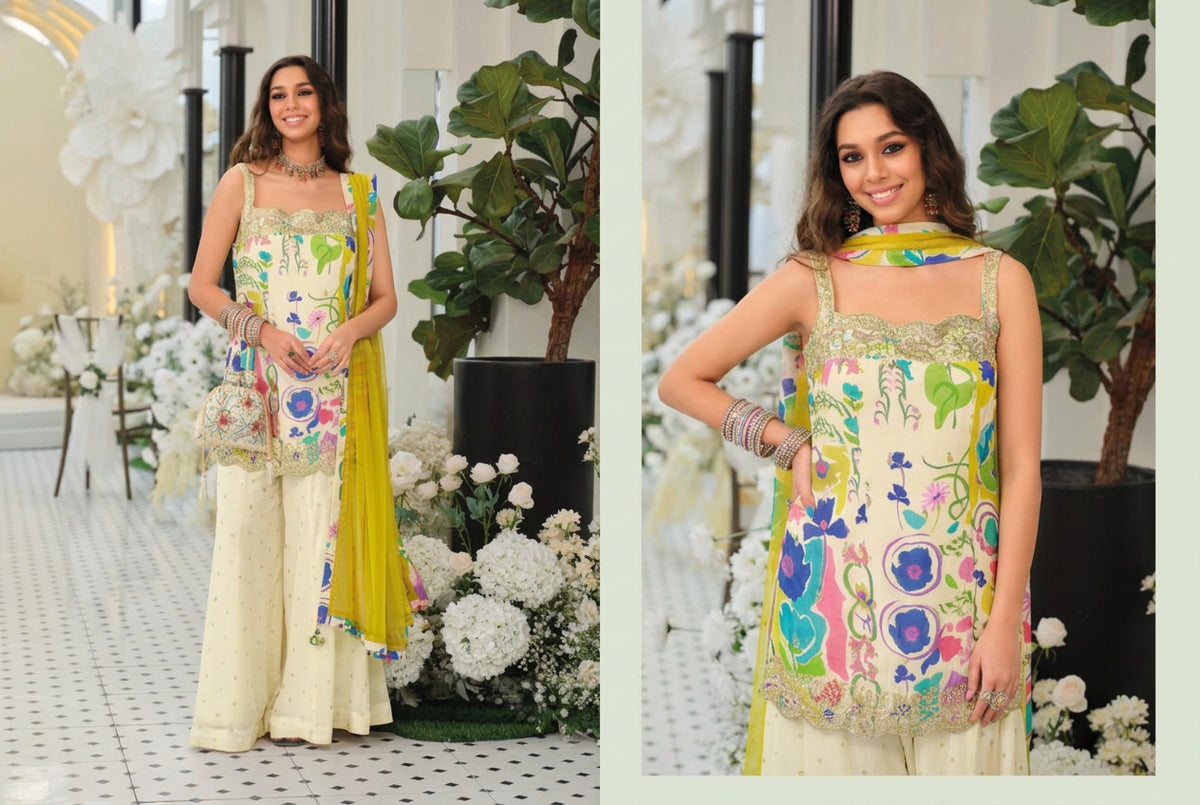 90s-Inspired Floral Chinon Kurta Palazzo Set
